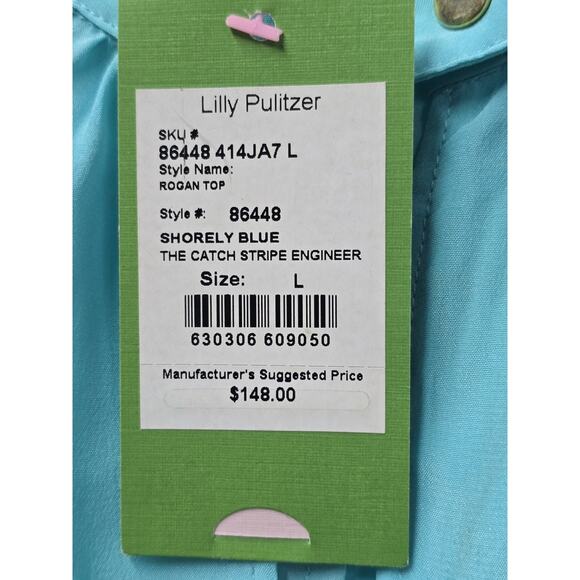 Lilly Pulitzer 100% Silk Rogan Shorely Blue The Catch Stripe Engineer Top New L - Picture 3 of 4